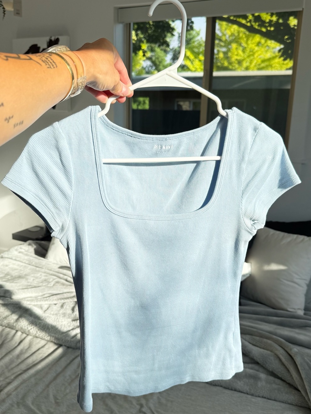 Old Navy Light Blue Ribbed Square-Neck Short Sleeve Tee